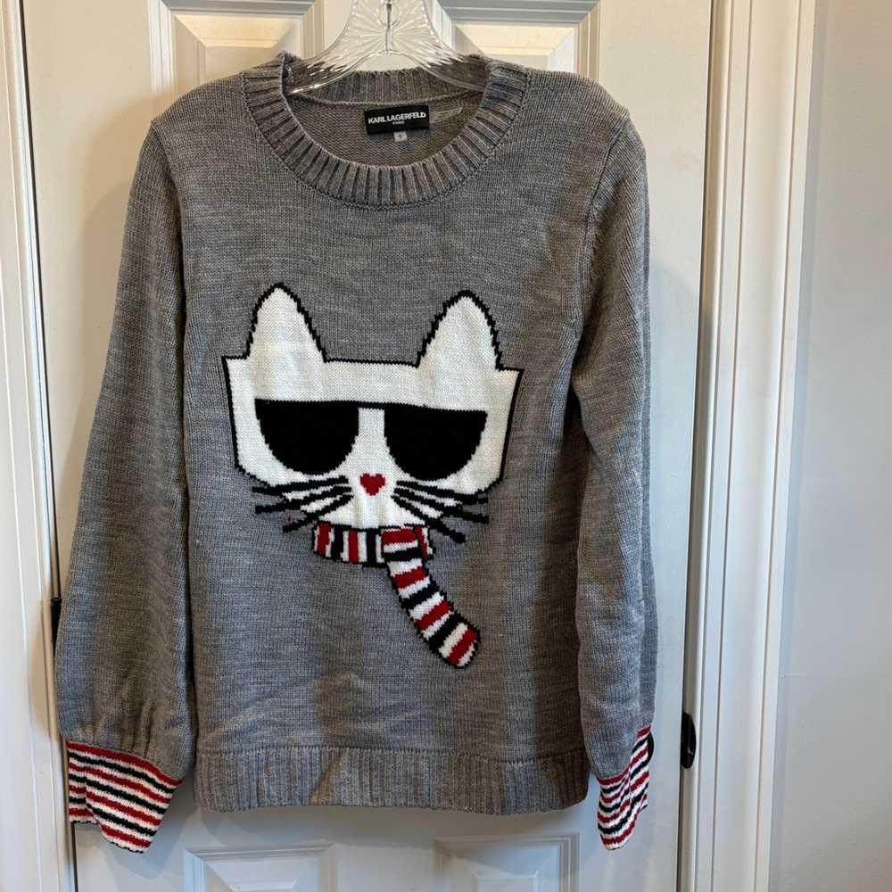 NWOT Karl Lagerfeld White Cat Gray Grey Red Black Sweater S